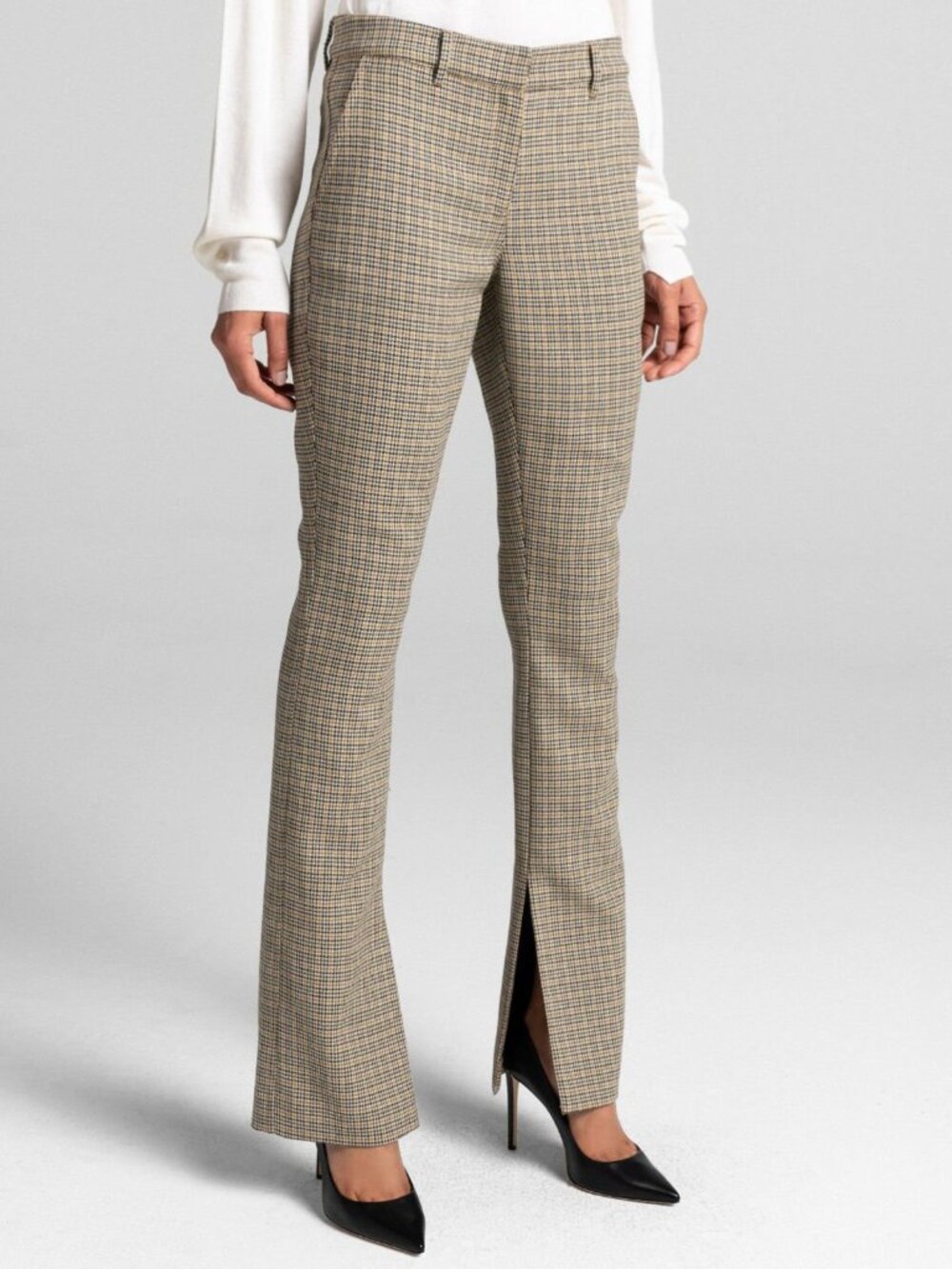 A.L.C. "Javier" Stretch Houndstooth Slim Leg Front Slit Hem Tan Navy Pants Sz 6